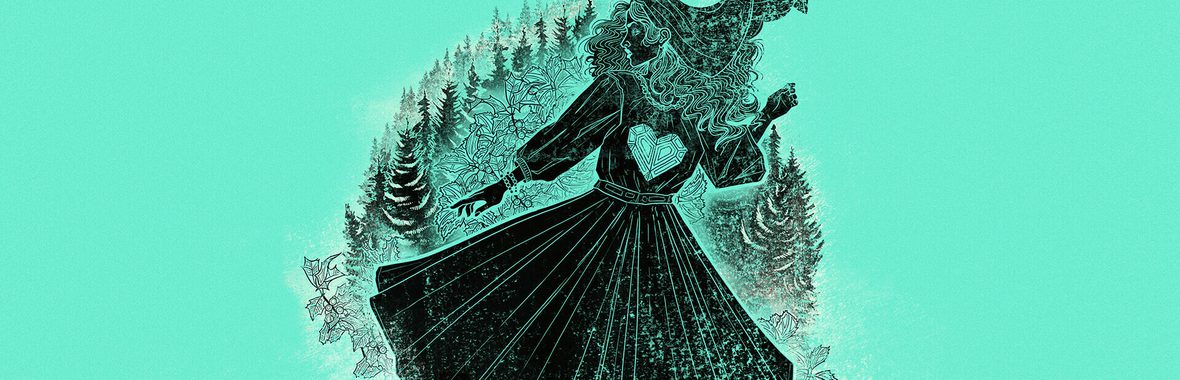 black illustration of a girl in the forest, with a bright green background