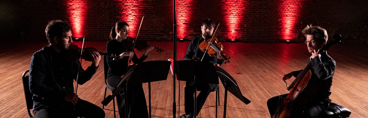 Four musicians sat in a row playing instruments with red lights behind them