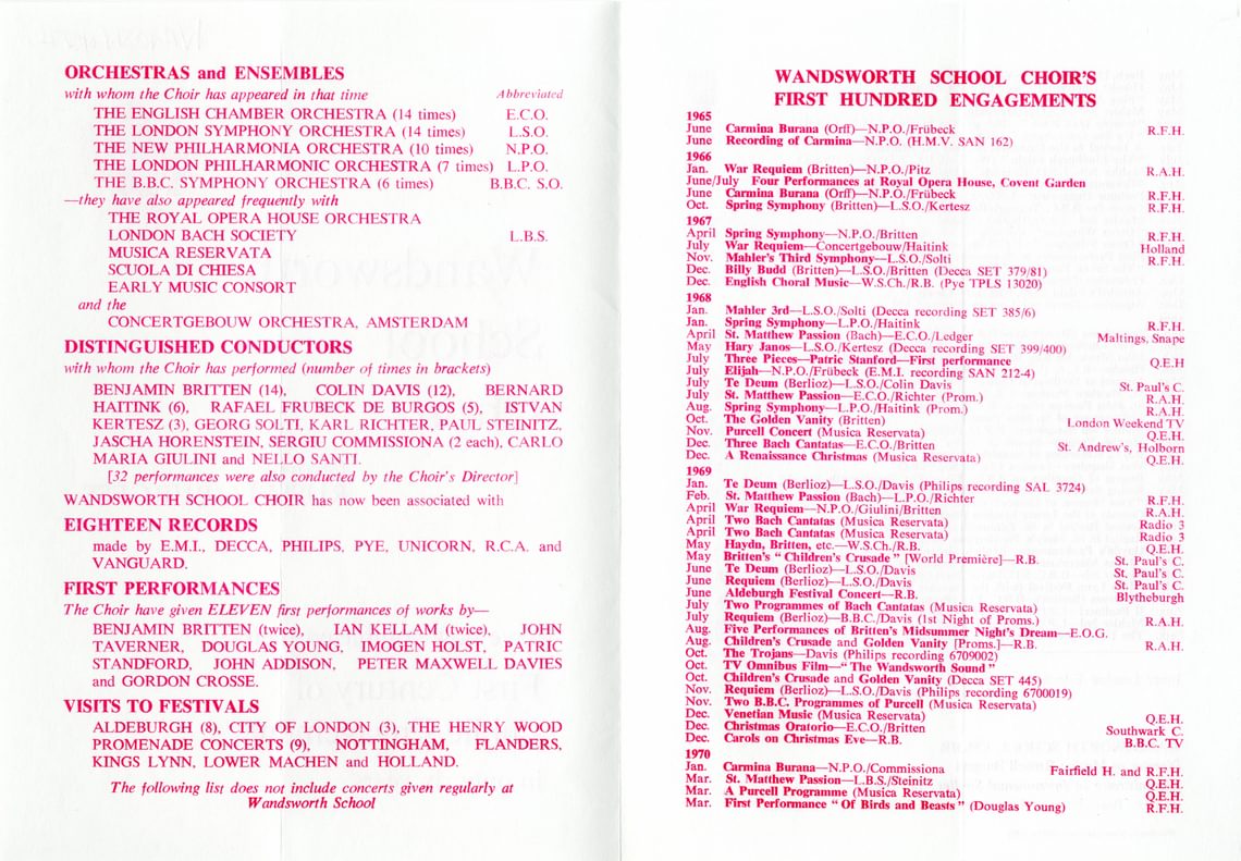 Leaflet from 1971 entitled ‘Wandsworth School Choir have now completed their First Century of Public Engagements in only six years’