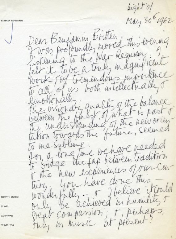 Letter from Barbara Hepworth to Benjamin Britten about the first performance of the War Requiem