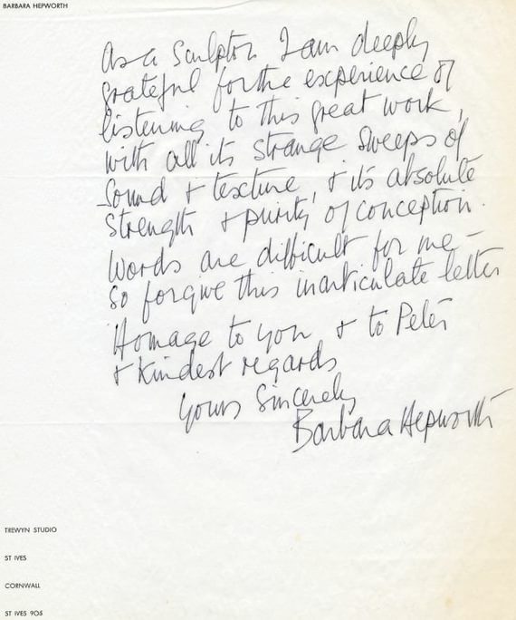 Letter from Barbara Hepworth to Benjamin Britten about the first performance of the War Requiem