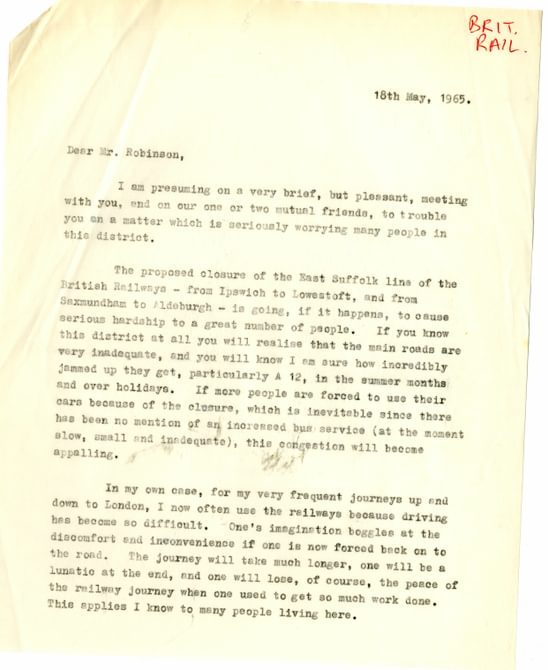 Letter from Benjamin Britten to Kenneth Robinson MP, May 1965
