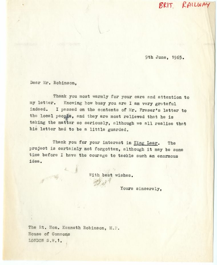 Letter from Benjamin Britten to Kenneth Robinson MP, May 1965