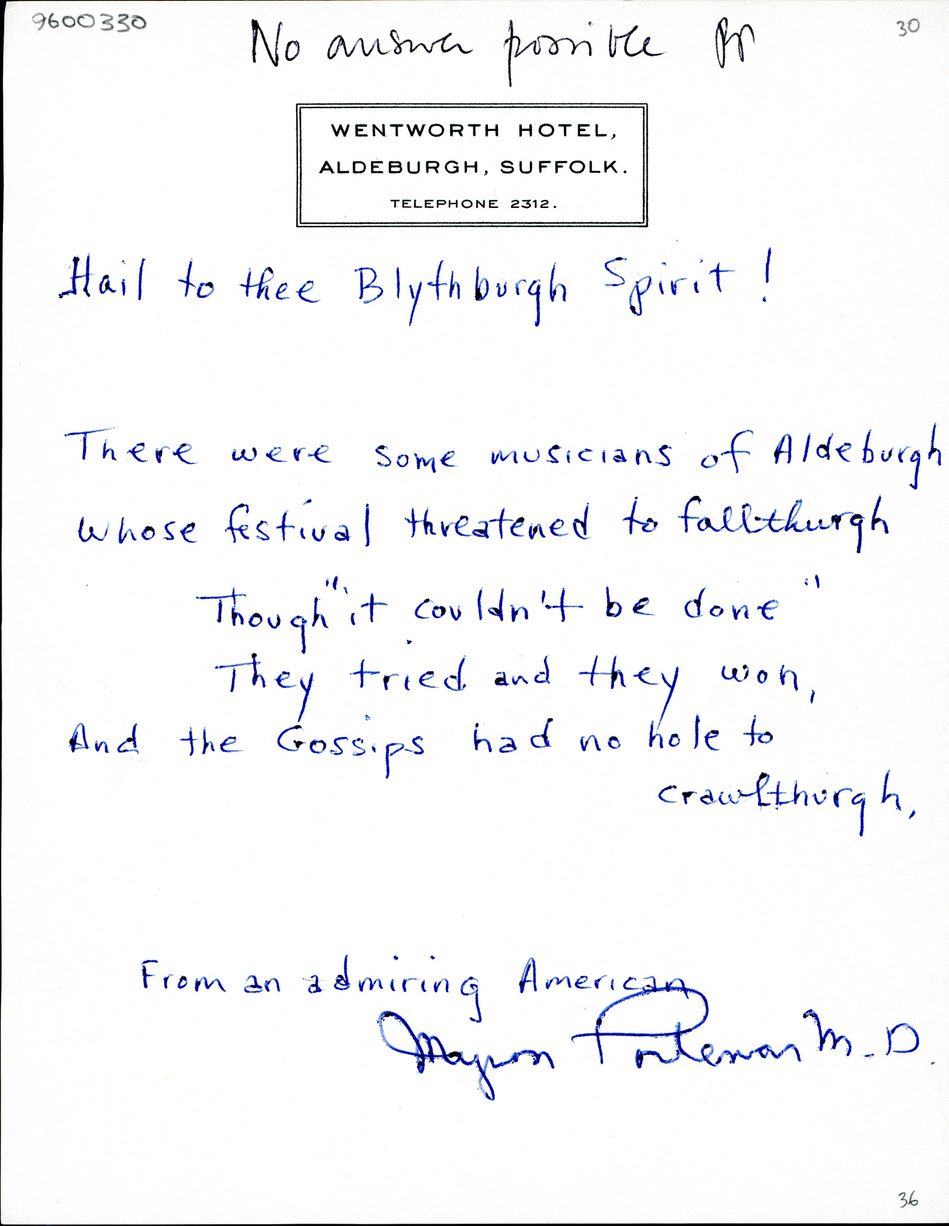 Letter sent to the Aldeburgh Festival after the fire at Snape Maltings