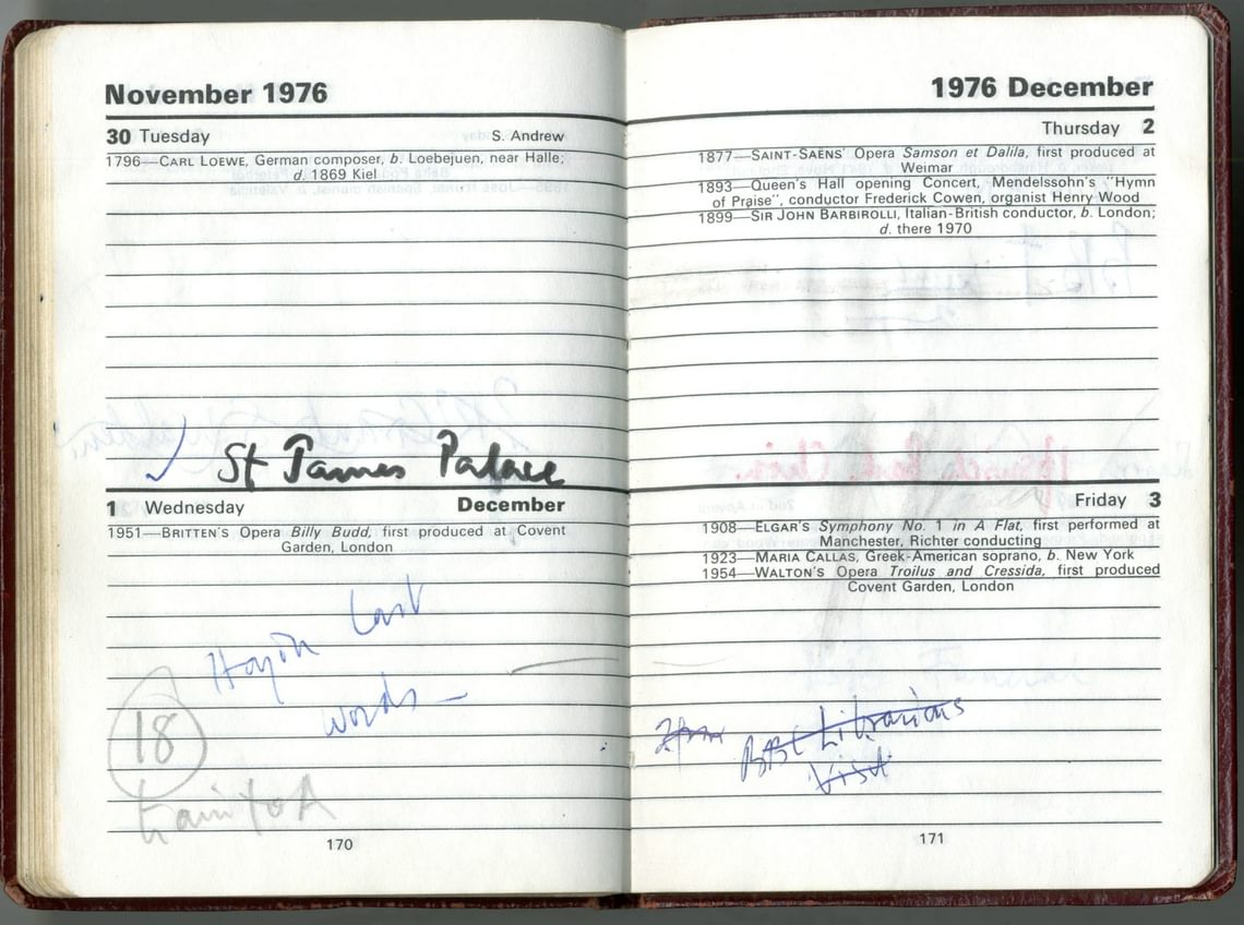 Pears’s diary entry for the recording of the Seven last Words