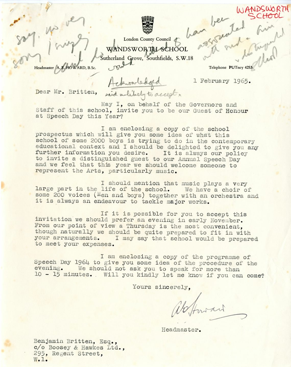 Letter from Wandsworth School to Britten, 1965