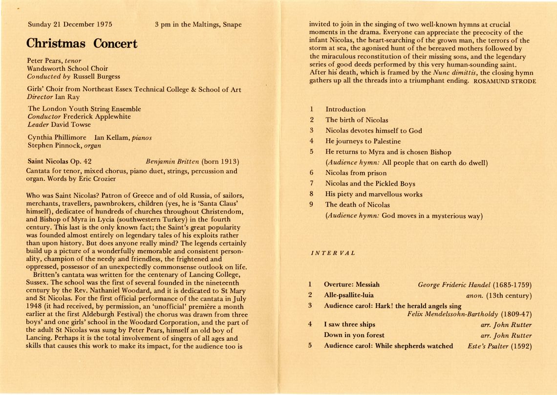 Programme for a concert at Snape Maltings with Peter Pears and the Wandsworth School Boys’ Choir, 1975