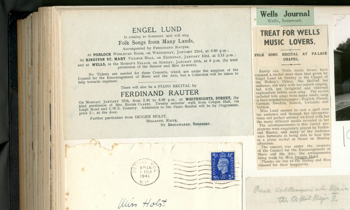 Page from Holst’s 1941 scrapbook about Lund and Rauter’s CEMA recitals in Somerset.