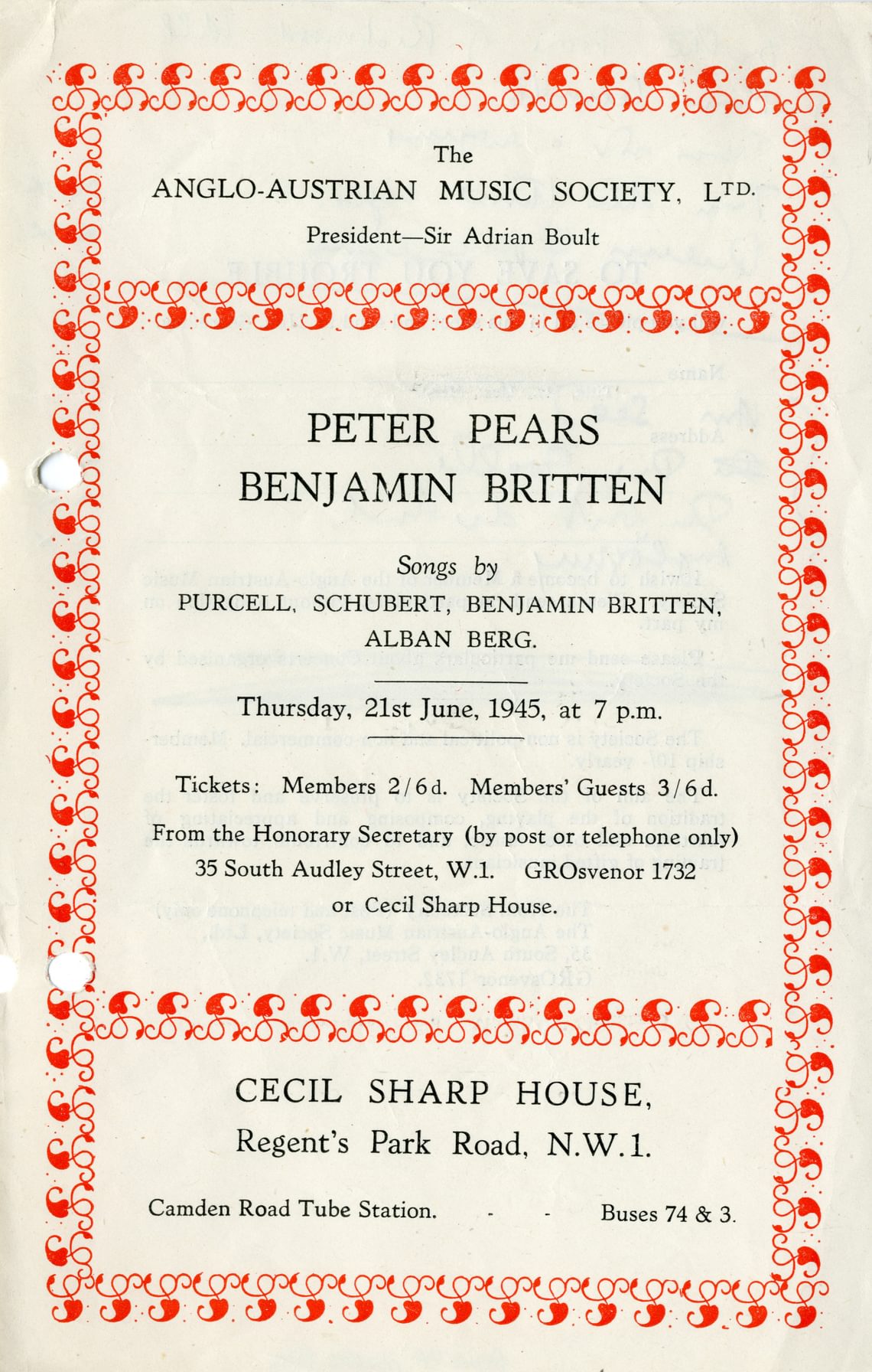Programme for Britten and Pears’ recital for The Anglo-Austrian Music Society.