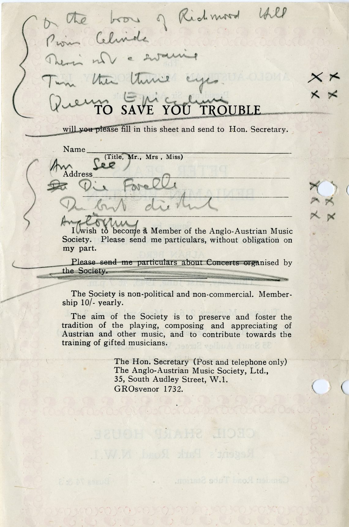 Programme for Britten and Pears’ recital for The Anglo-Austrian Music Society.