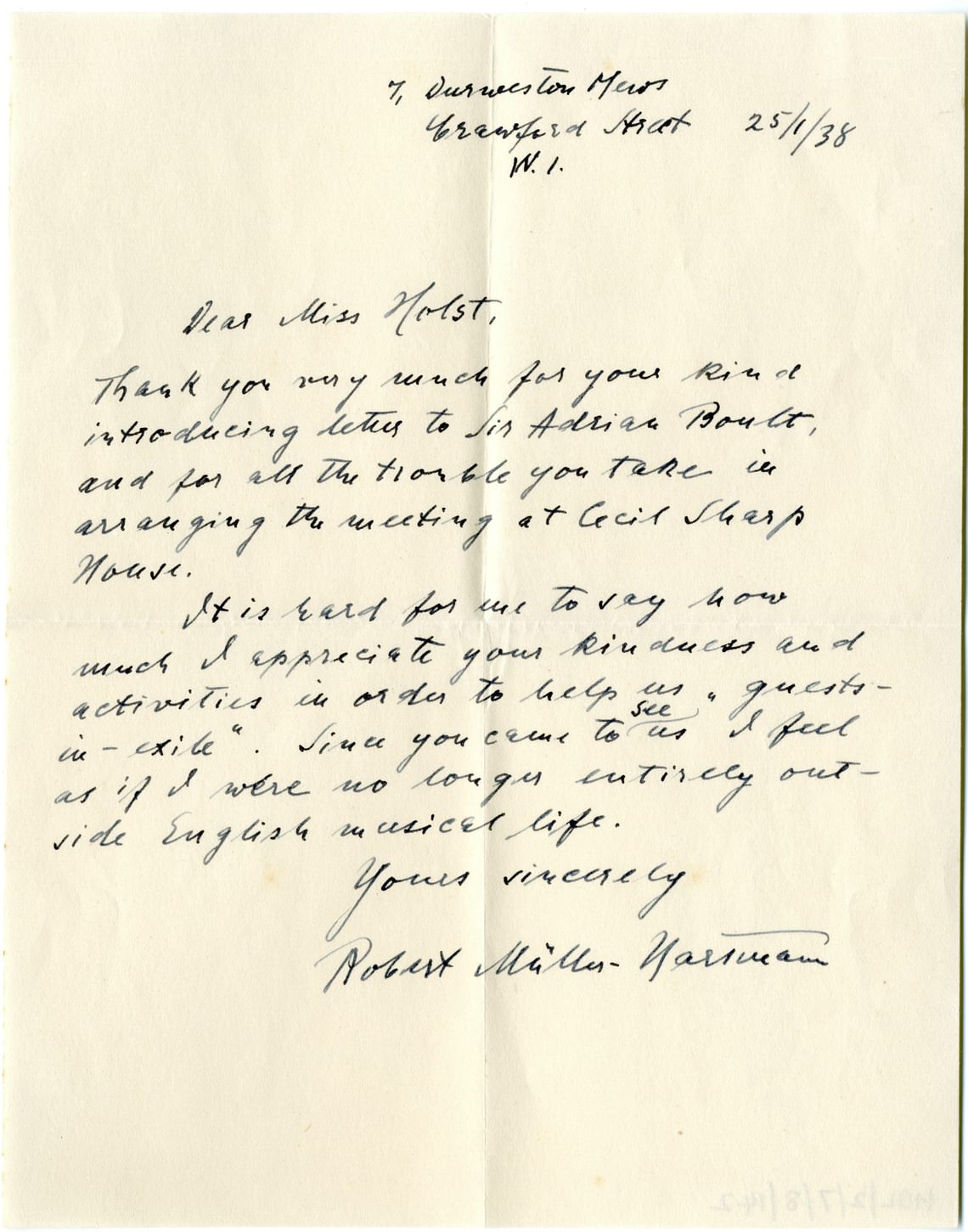 Letter from Müller-Hartmann to Holst thanking her for an introduction to Adrian Boult.