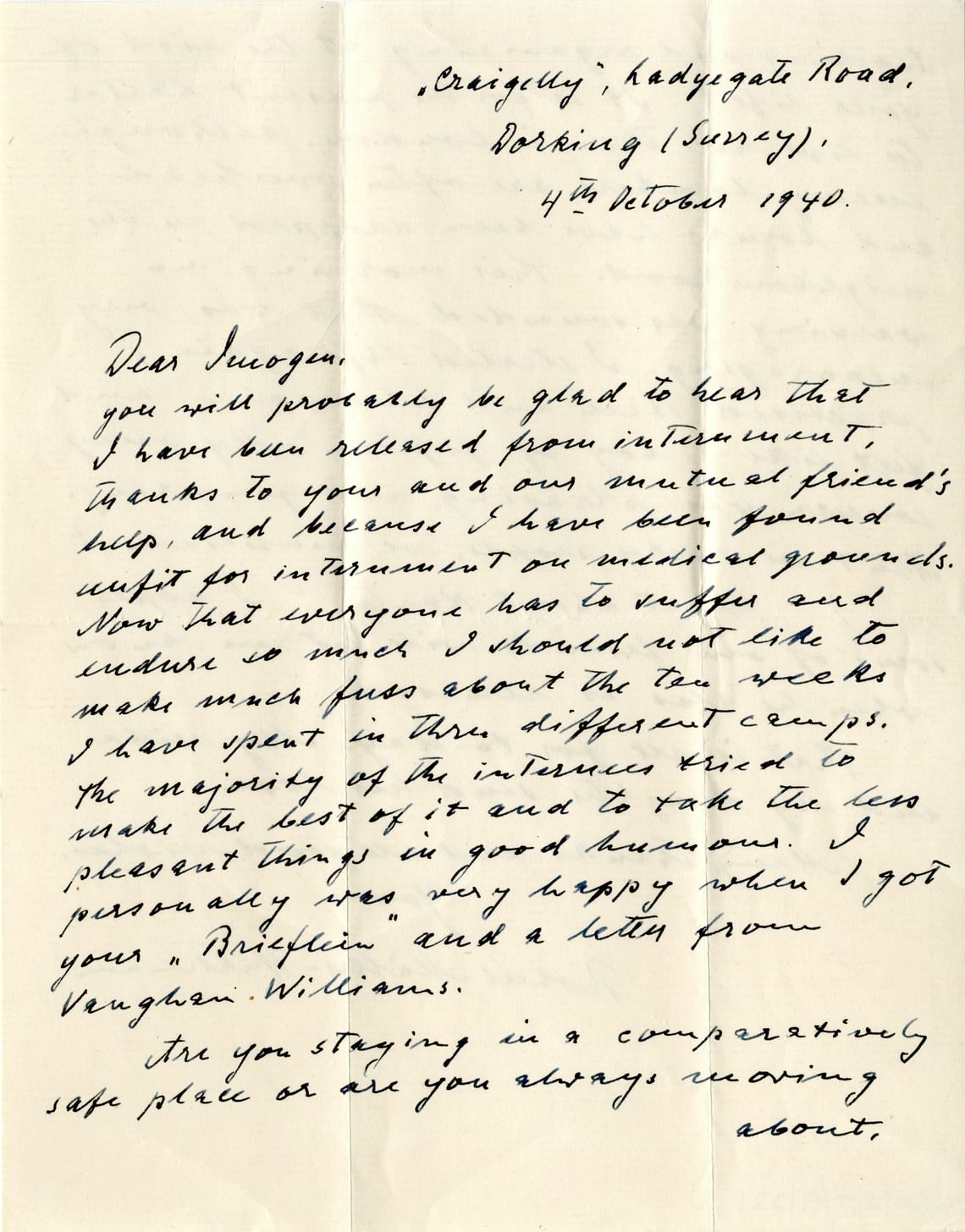 Letter from Müller-Hartmann to Holst on his release from internment camp.