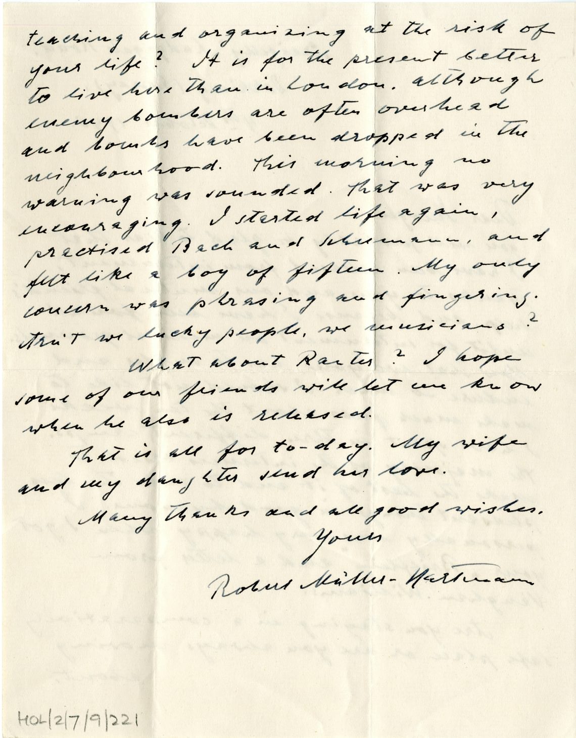 Letter from Müller-Hartmann to Holst on his release from internment camp.