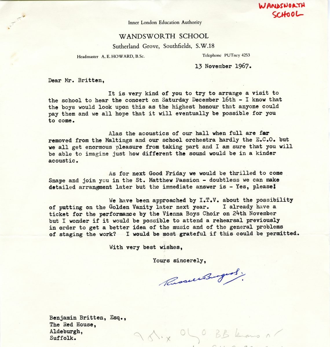 Letter from Burgess to Britten, 1967