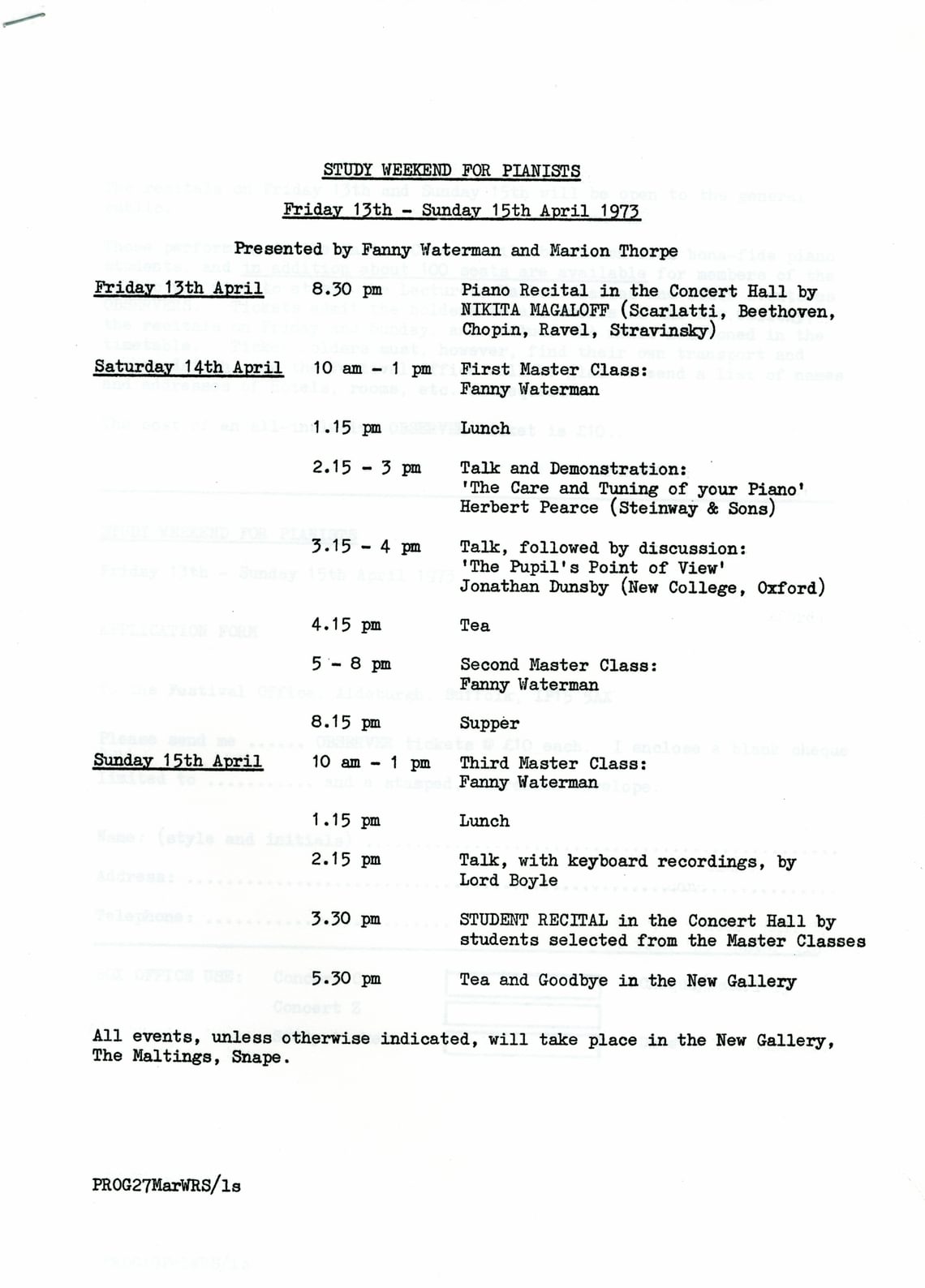 Programme for the Study weekend for pianists