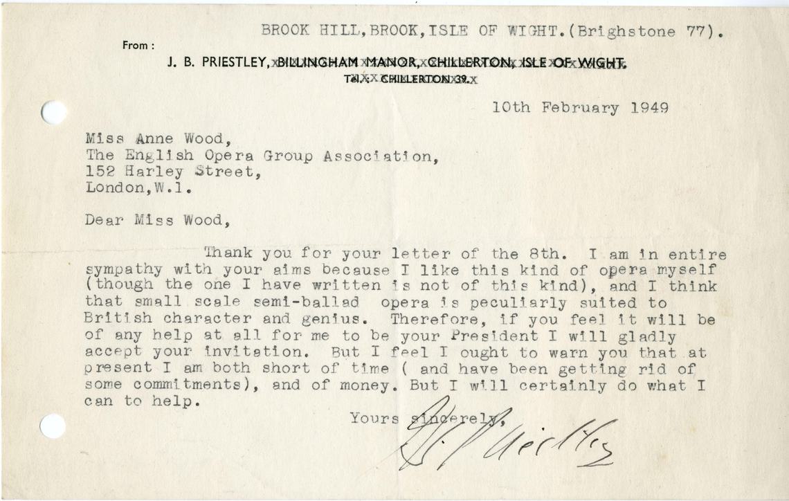 headed letter from J.B. Priestley.