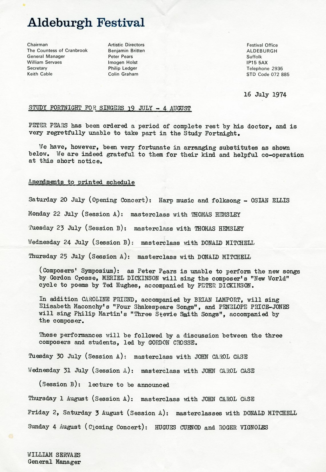 The revised programme for Summer 1974
