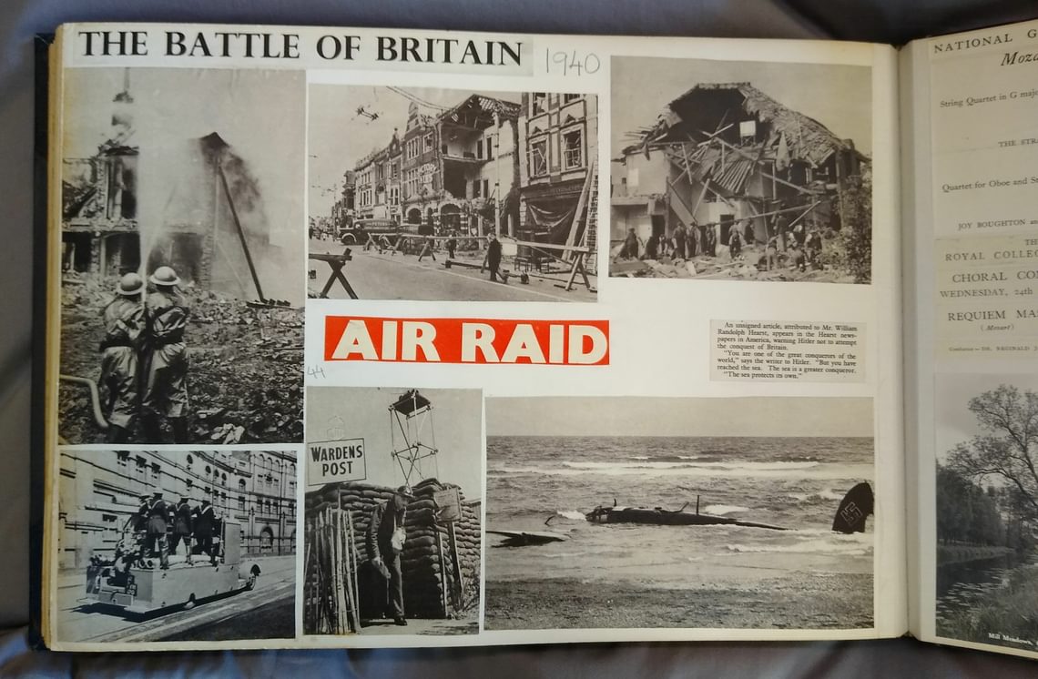 Pages from Holst’s 1940 scrapbook about air raids and the internment of Rauter and Müller-Hartmann.