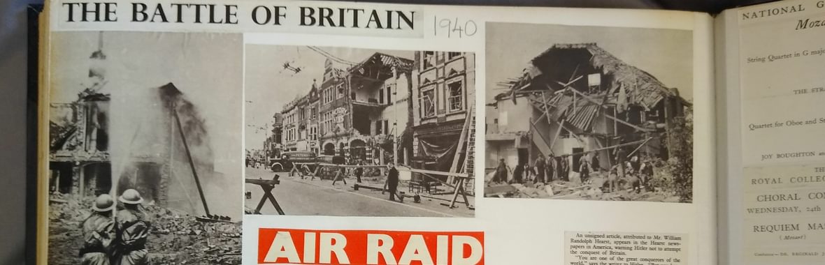 Pages from Holst’s 1940 scrapbook about air raids and the internment of Rauter and Müller-Hartmann.