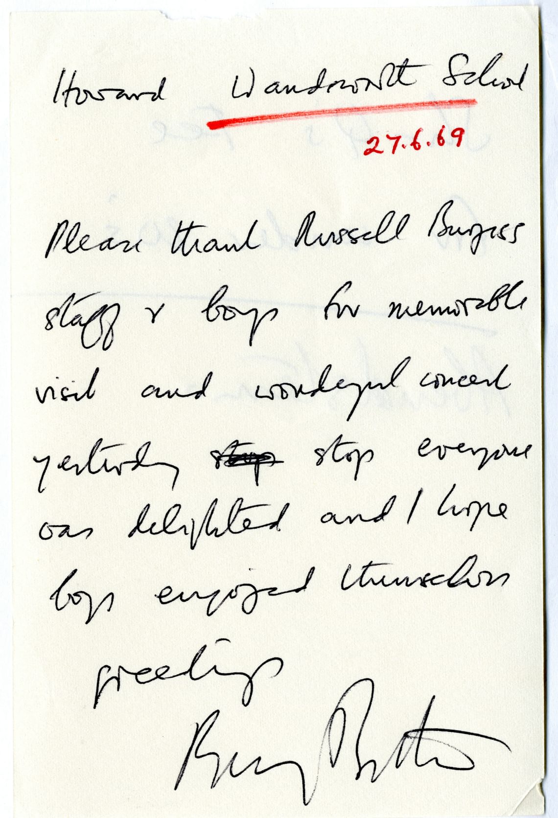 Britten’s draft telegram sent after the choir’s performance at the 1969 Aldeburgh Festival