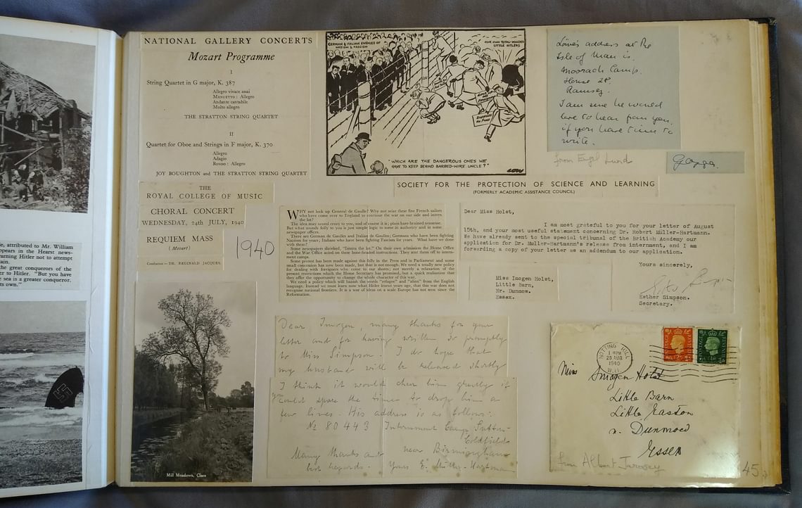 Pages from Holst’s 1940 scrapbook about air raids and the internment of Rauter and Müller-Hartmann.