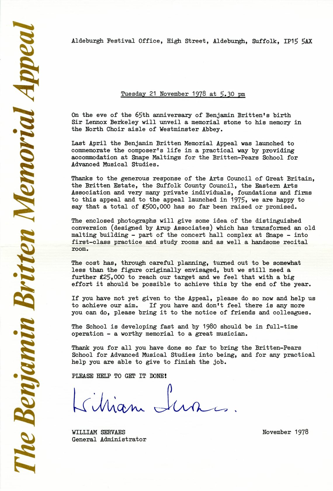 Letter about The Benjamin Britten Memorial Appeal