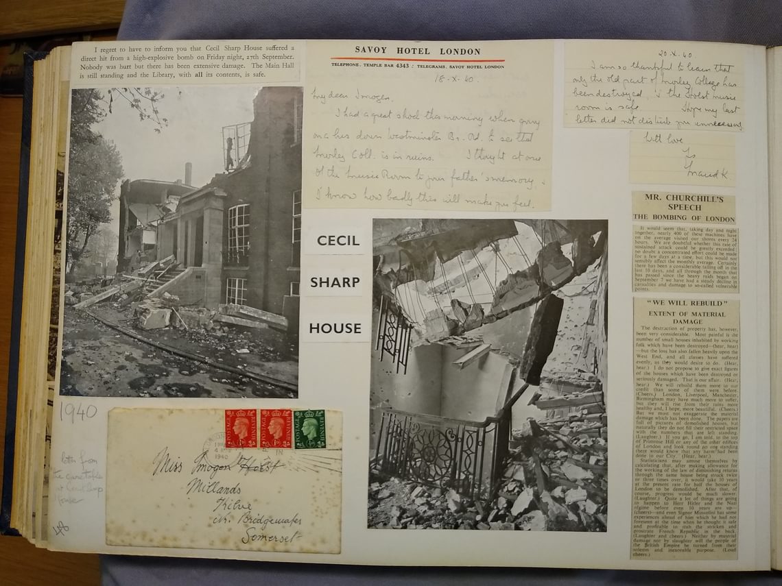 Pages from Holst’s 1940 scrapbook about the bombing of Cecil Sharp House and Lund’s experience in the Blitz.