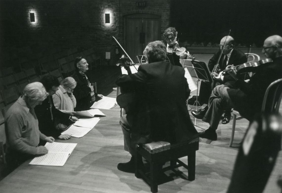Peter Pears, Colin Matthews, Imogen Holst and Donald Mitchell with the Amadeus String Quartet during rehearsals for the premiere of Britten’s String Quartet No. 3, Snape Maltings, December 1976