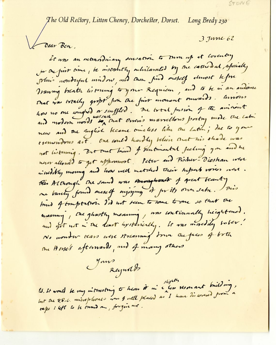 Letter from Reynolds Stone to Benjamin Britten, 3 June 1962, with grateful thanks to the Estate of Reynolds and Janet Stone