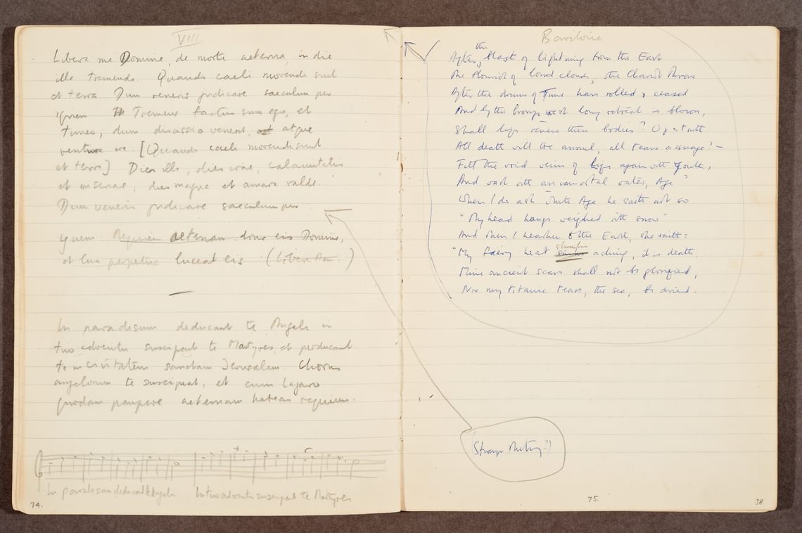 Text in blue ink in Britten’s hand of Wilfred Owen’s Strange Meeting, with indication in pencil of lines for omission, and insertion of lines from Owen’s earlier draft of the poem on the left.