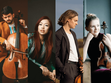 Composite image of man playing the cello, woman sitting