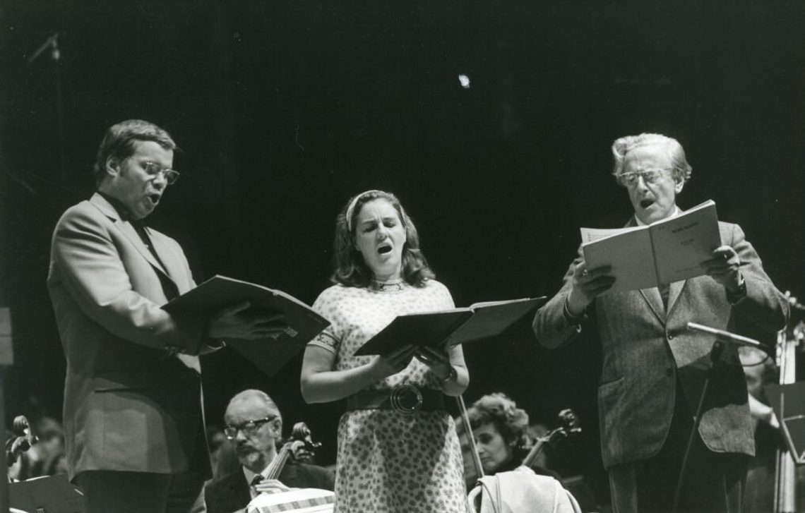 Black and white image of Pears, Heather Harper and Dietrich Fischer-Dieskau in rehearsal of Schumann’s Scenes from Goethe's Faust. The English Chamber Orchestra was conducted by Britten in preparation for an Aldeburgh Festival Performance on 11 June 1972