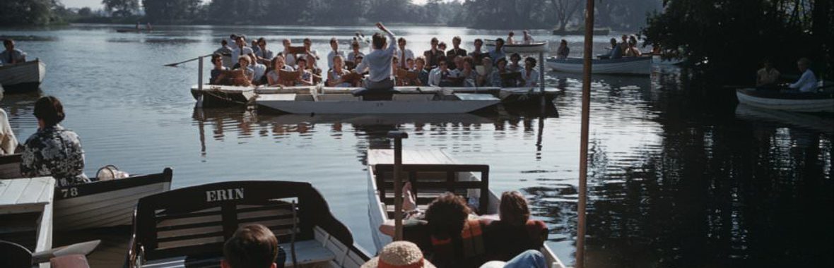 boats on the pond for the original performance of Music on the Meare