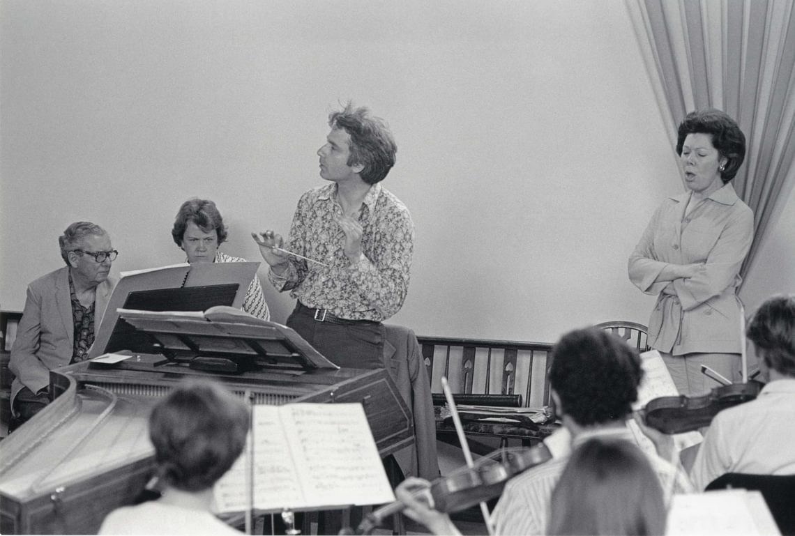 Janet Baker rehearing Phaedra with Steuart Bedford and the ECO. Britten, attended by his nurse Rita Thomson, follows the score