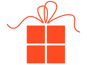 An orange graphic of a present with a bow on top