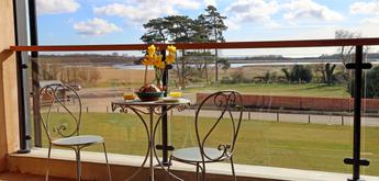 View from a balcony, two bistro chairs and a table with flowers and food and drink, in the background a beautiful view of fenland and a summer sky.