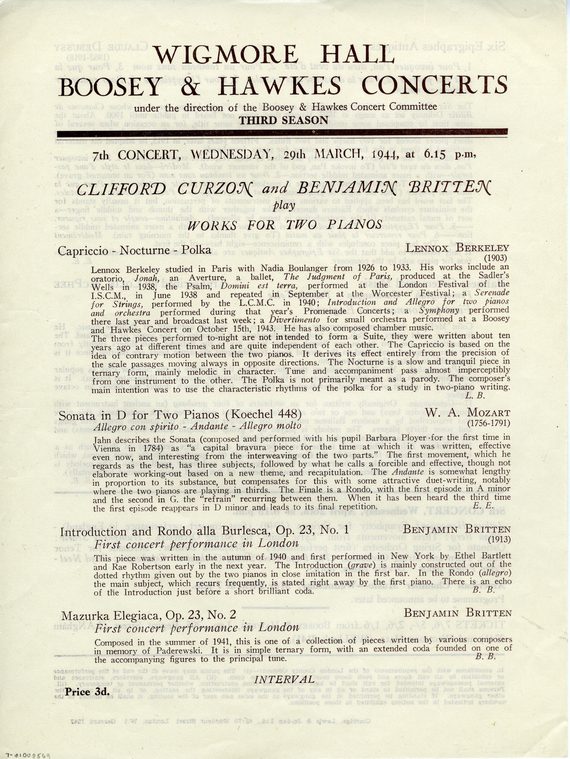 A printed programme for Wigmore Hall concert, 1944