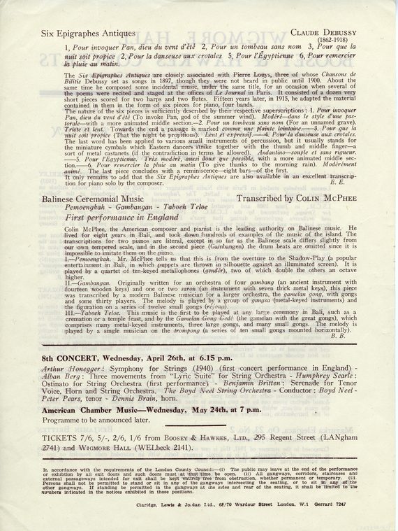 A printed programme for Wigmore Hall concert, 1944