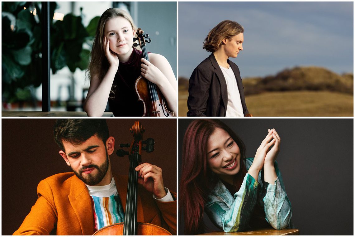 Composite image of ensemble jackalope, two male and two female musicians.