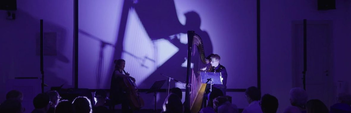 Silhouette of musicians playing instruments onstage.