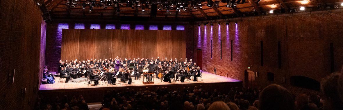 Orchestra onstage at Snape Maltings, with purple backlights.