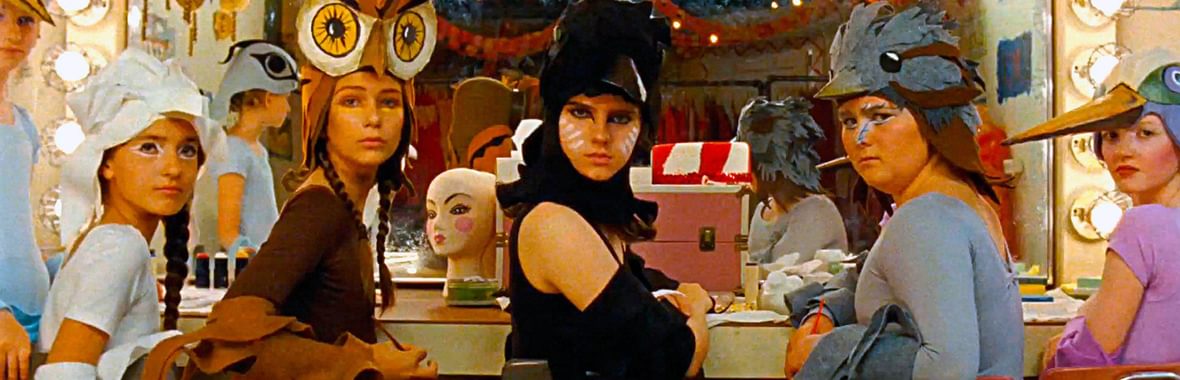 Children in animal headdresses in front of a hollywood-style mirror in a still from Moonrise Kingdom, dir Wes Anderson, 2012