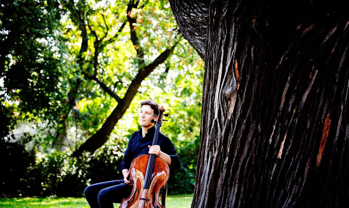 Man sitting with a cello beneath a large tree with greenery in the background.