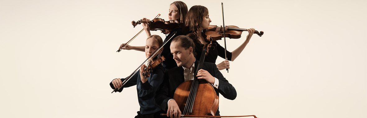 Four musicians playing string instruments, standing in a group against a cream background.