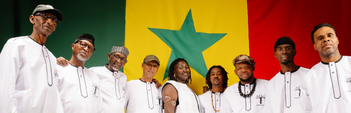 Group of eight men and one woman wearing white tunics and caps, standing in front of a Senegal flag.