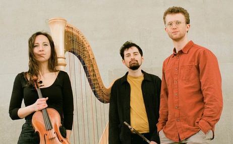Three musicians, one with a flute, one with a viola and one with a harp.