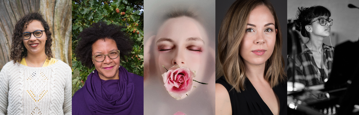 A banner of five artists.