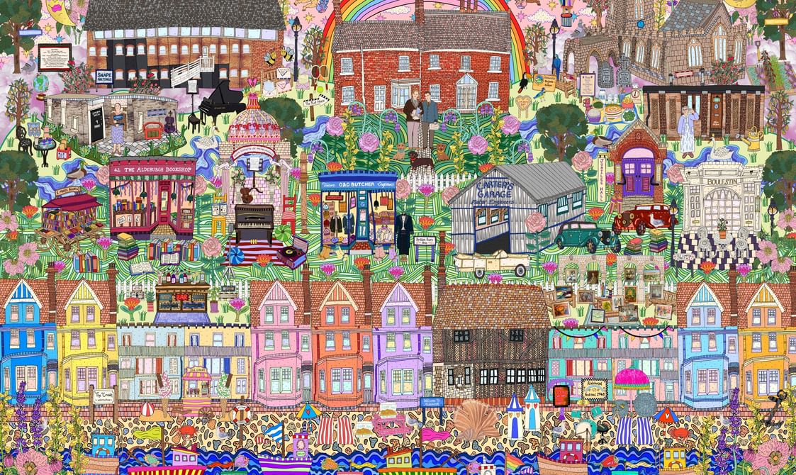 Multicoloured illustration containing miniature Benjamin Britten and Peter Pears, surrounded by buildings, flowers, boats and much a rainbow.