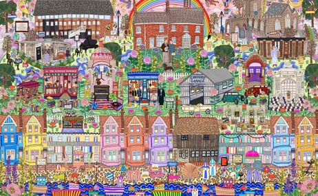 Multicoloured illustration containing miniature Benjamin Britten and Peter Pears, surrounded by buildings, flowers, boats and much a rainbow.