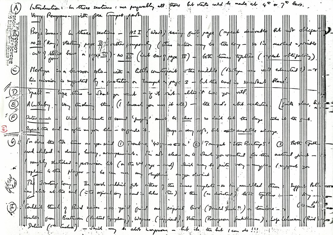 Britten’s performance notes for The Sword and the Stone